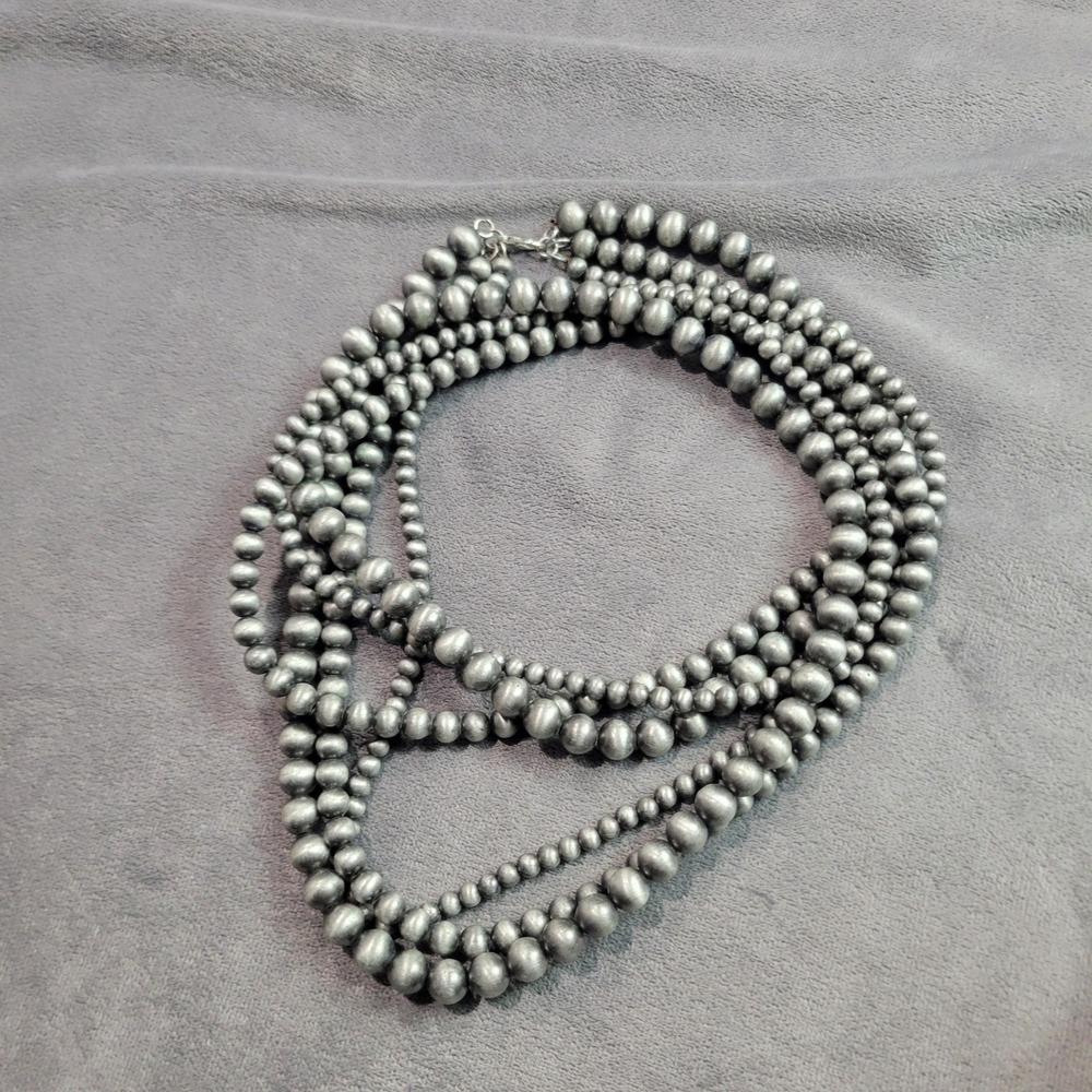 Womens Triple Strand Graduated Brushed Silver Tone Bead Necklace 36 Inch Long